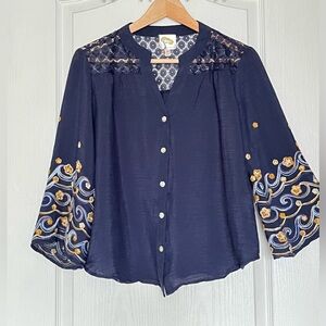 Fig & Flower Navy Embroidered Bell Sleeve Lace Yoke Boho Top, L Peasant Festival